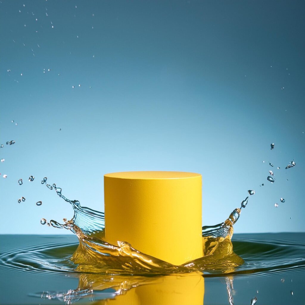 empty yellow podium mockup with water splash on a gradient background for product display Stock Free