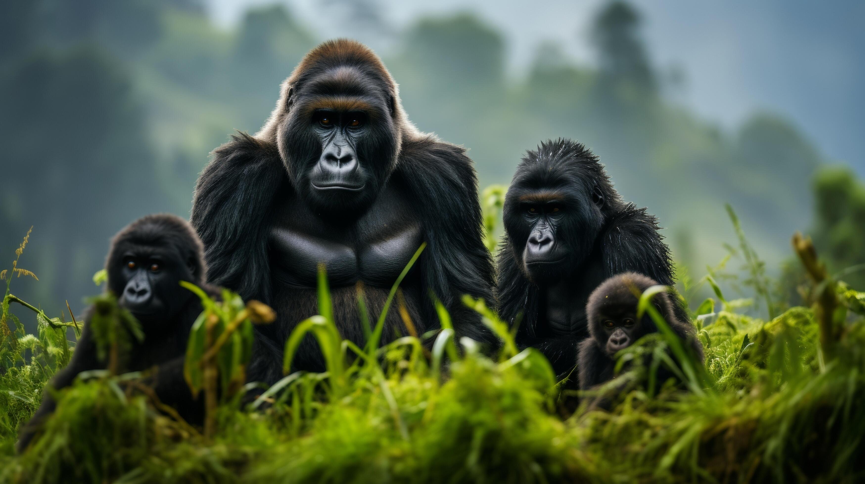 AI generated Close up of mountain gorilla family with misty mountains background Stock Free