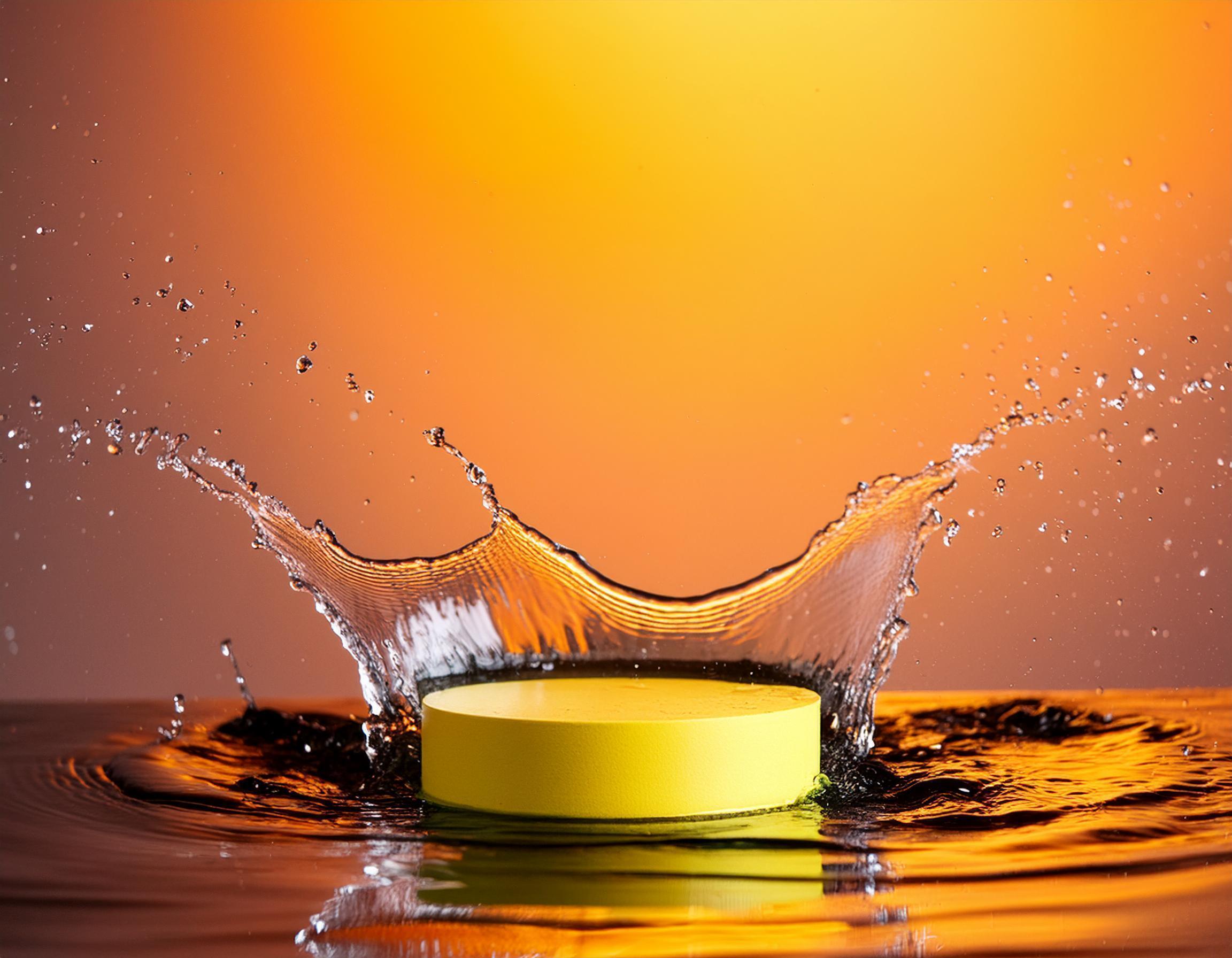 empty yellow podium mockup with water splash on a gradient background for product display Stock Free