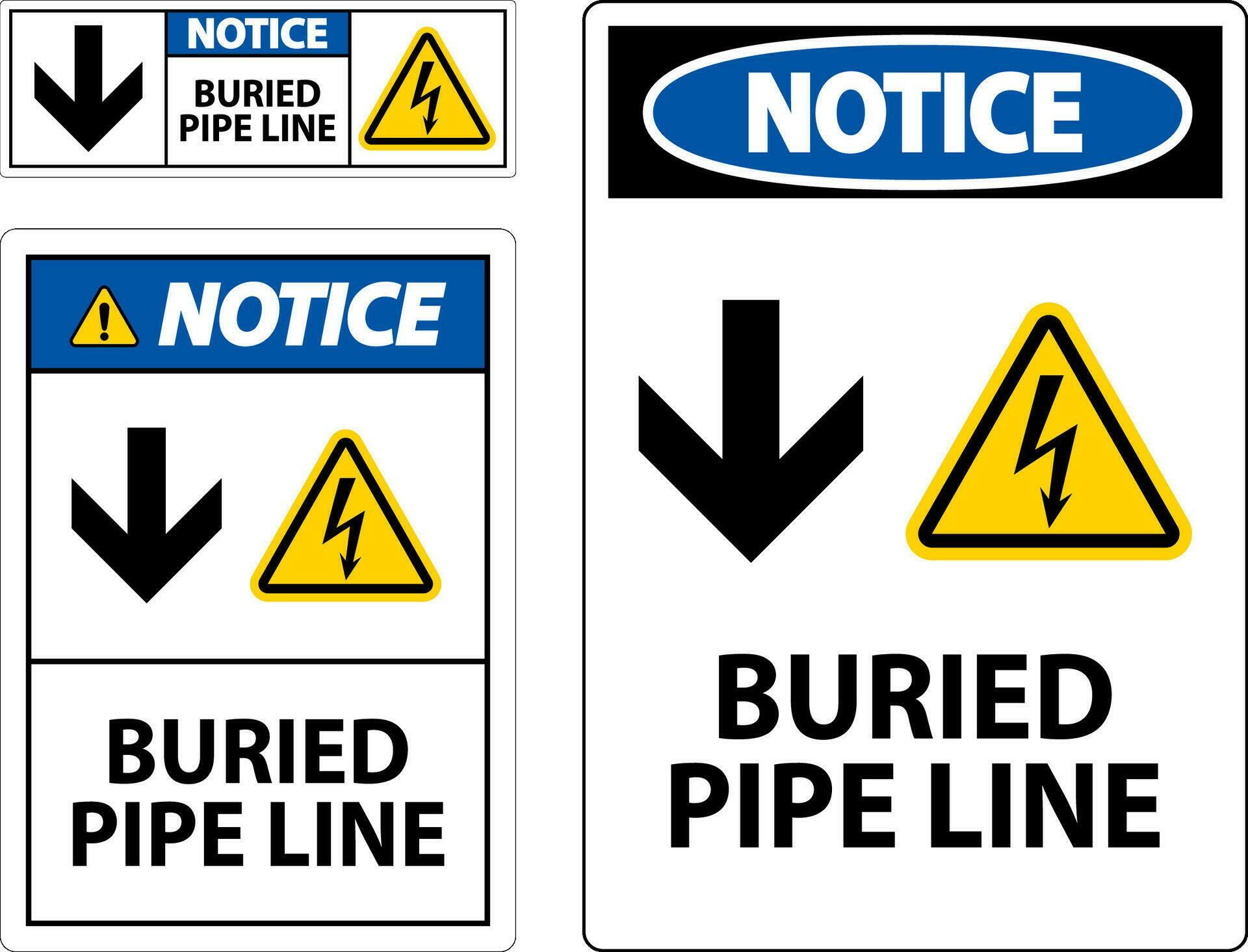 
									Notice Sign Buried Pipe Line With Down Arrow and Electric Shock Symbol Stock Free