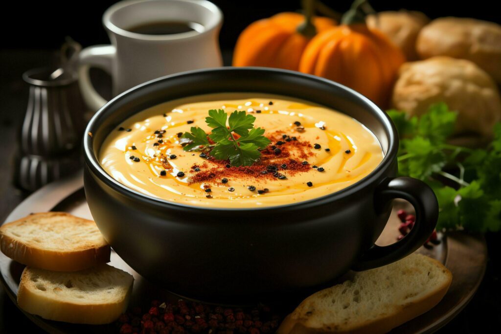 A delicious pumpkin soup food cream in a bowl. Winter food and high healthy soup meal concept by AI Generated Stock Free