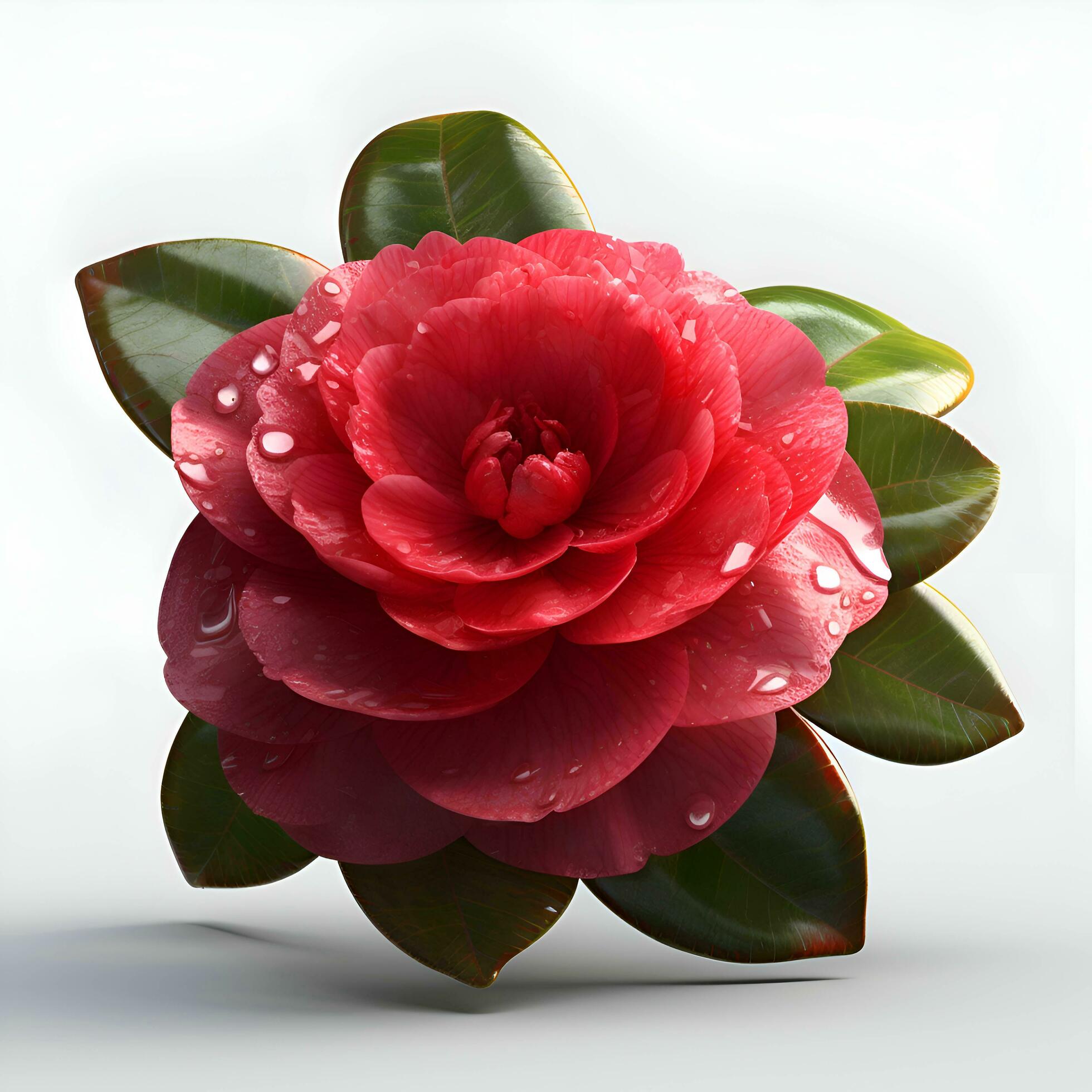 Beautiful red camellia flower with water drops on white background Stock Free