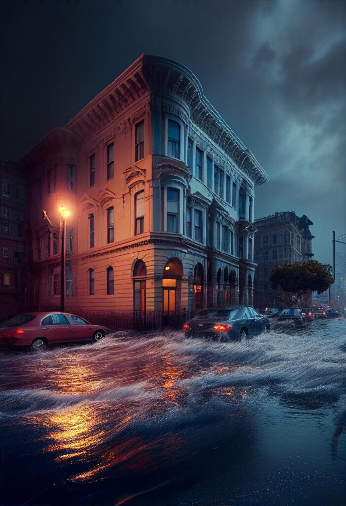 cars driving through a flooded street at night. . Stock Free