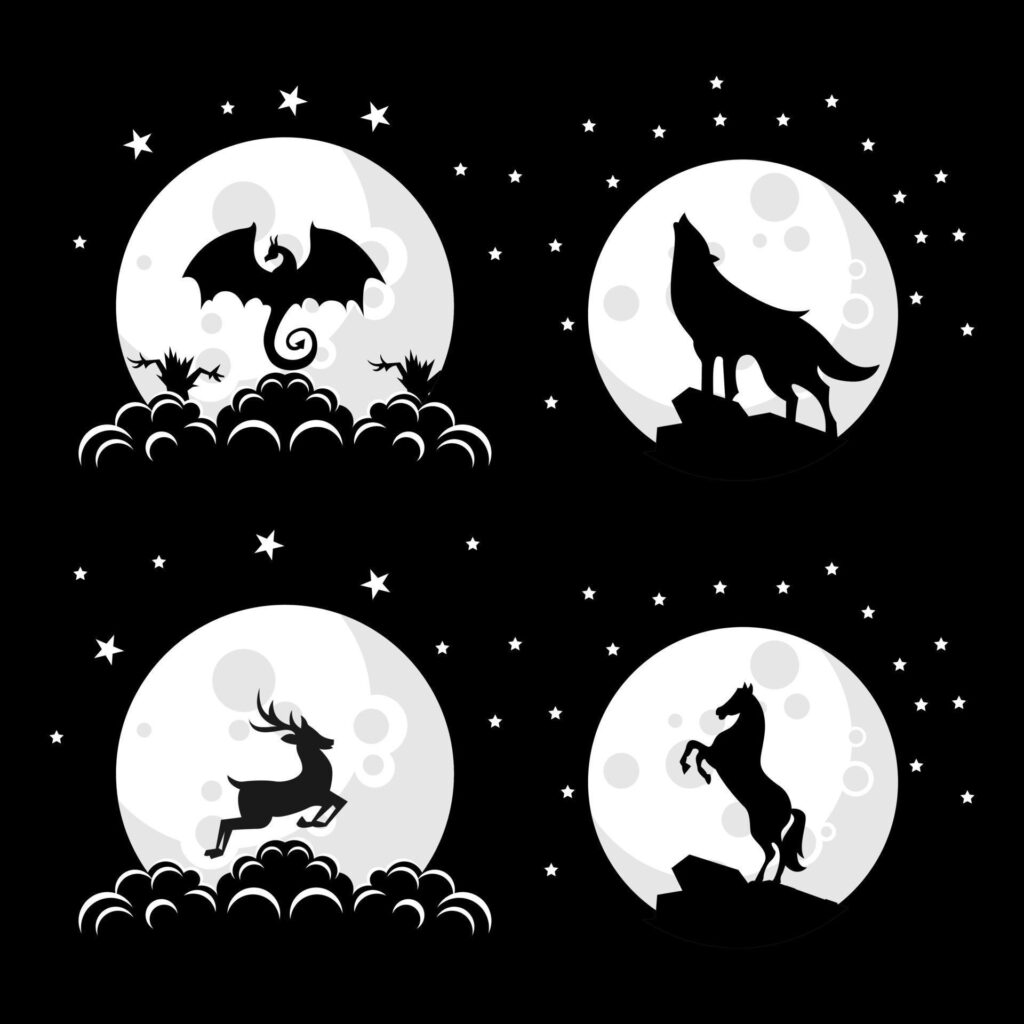 Silhouette animal logo design illustration collection on the moon Stock Free