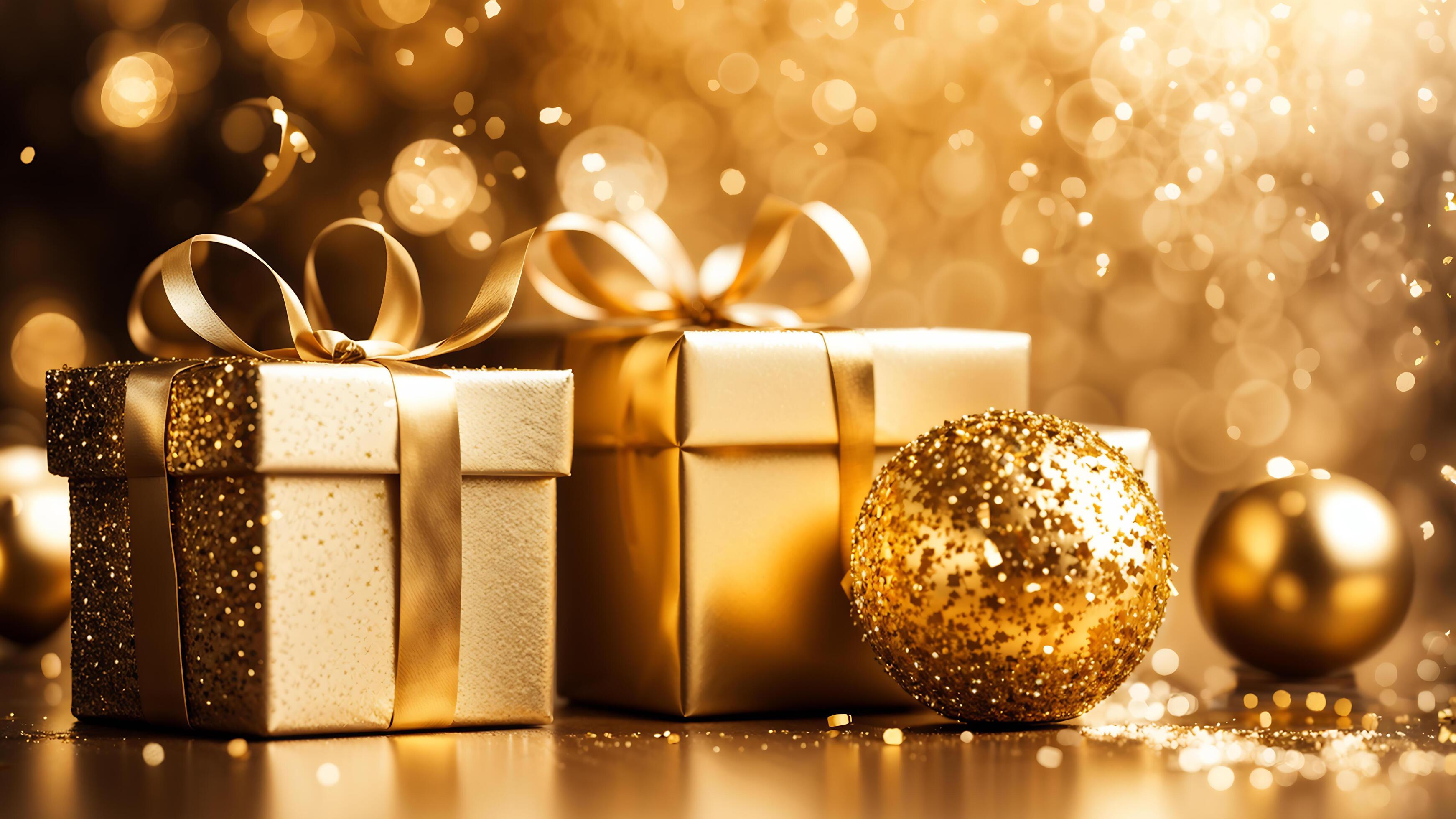 Close up of two gold gift boxes with a shinny bow adorned gold ball on golden floor. yellow sparkle and bokeh lights on background. Stock Free