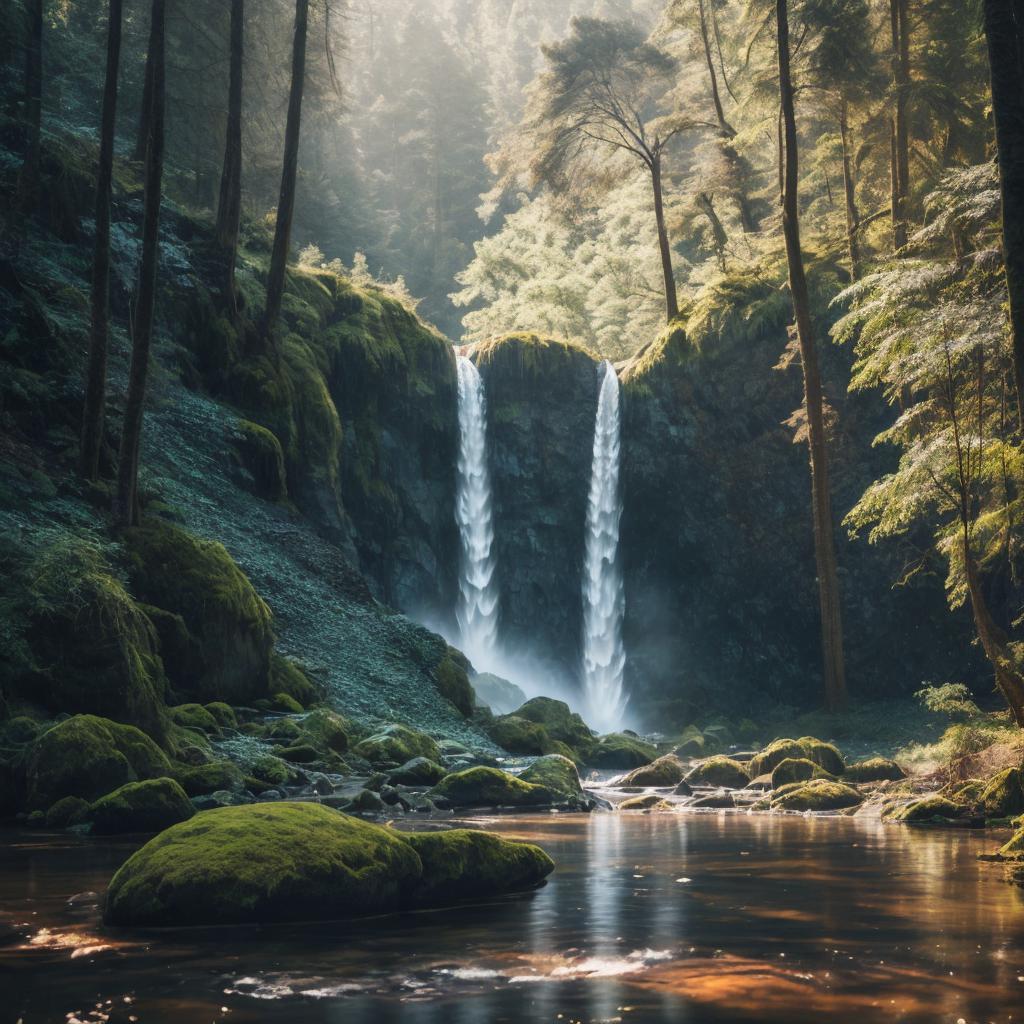 Photograph of serene waterfall by @ai_generated