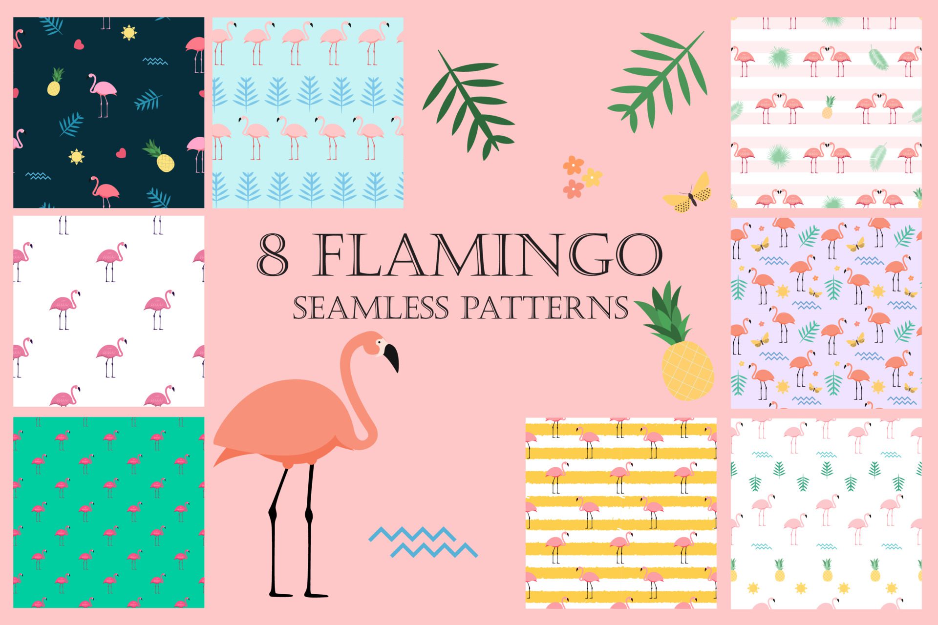 Summer Pink Flamingo Seamless Pattern Background Set Free Vector