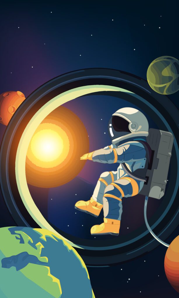 Vertical illustration of astronauts exploring space with stars and planets in the background Free Vector