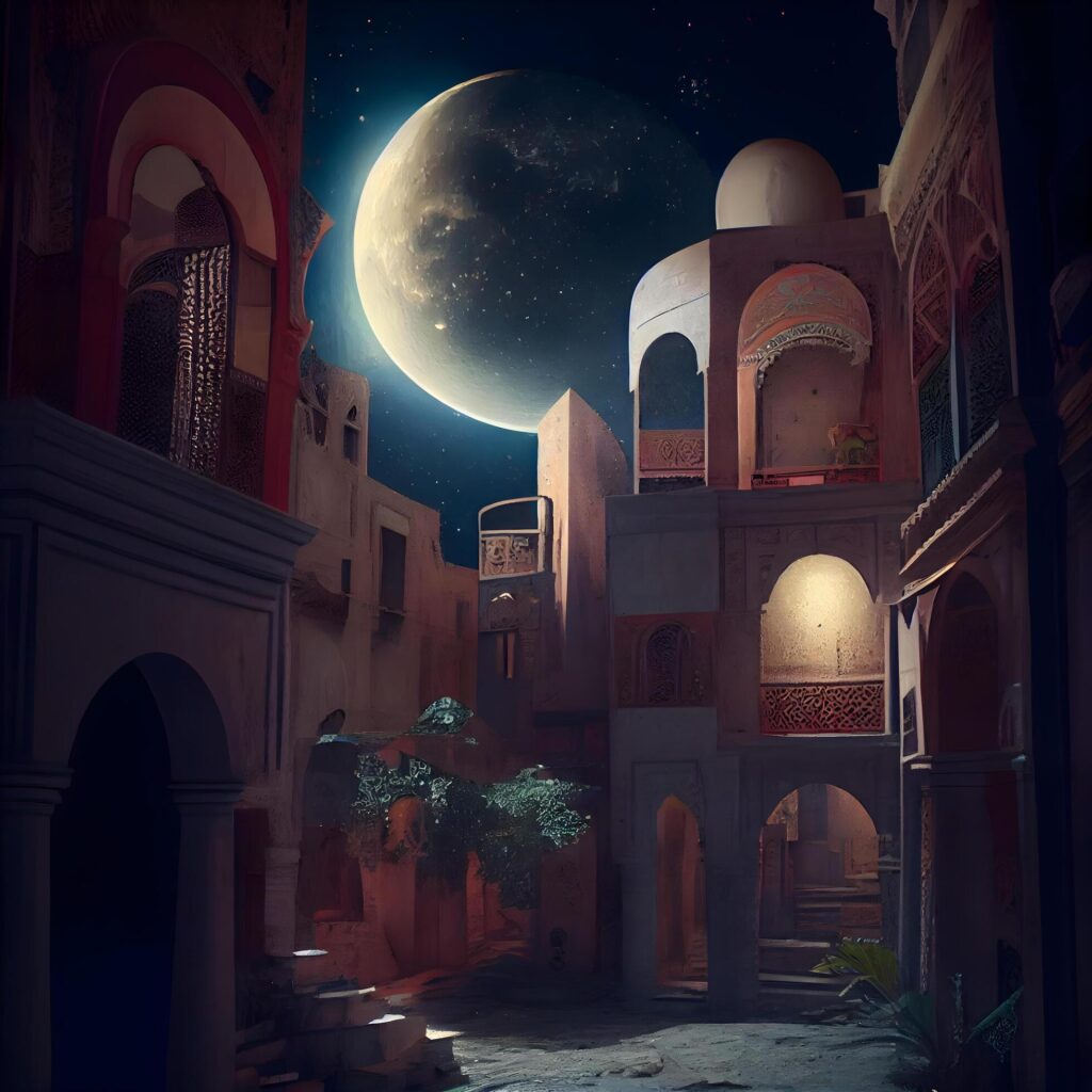 Fantasy night view of mosque with full moon. 3D rendering, Image Stock Free