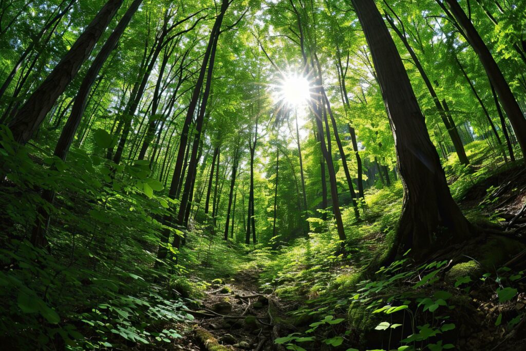 Panoramic view of a forest in spring with sun rays. Free Photo