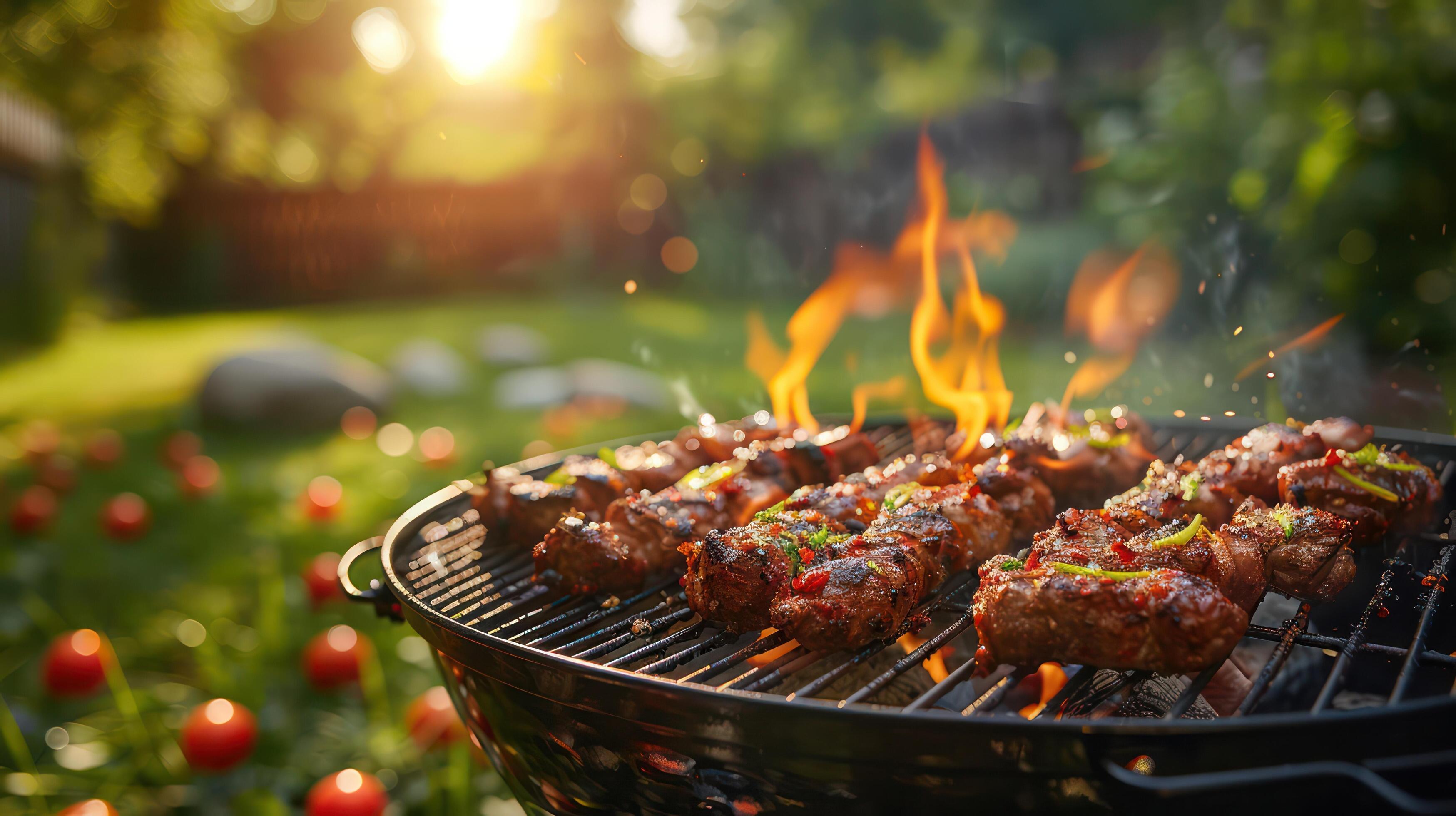 A family barbecue in the backyard, with a grill full of sizzling food and everyone enjoying the feast. Stock Free