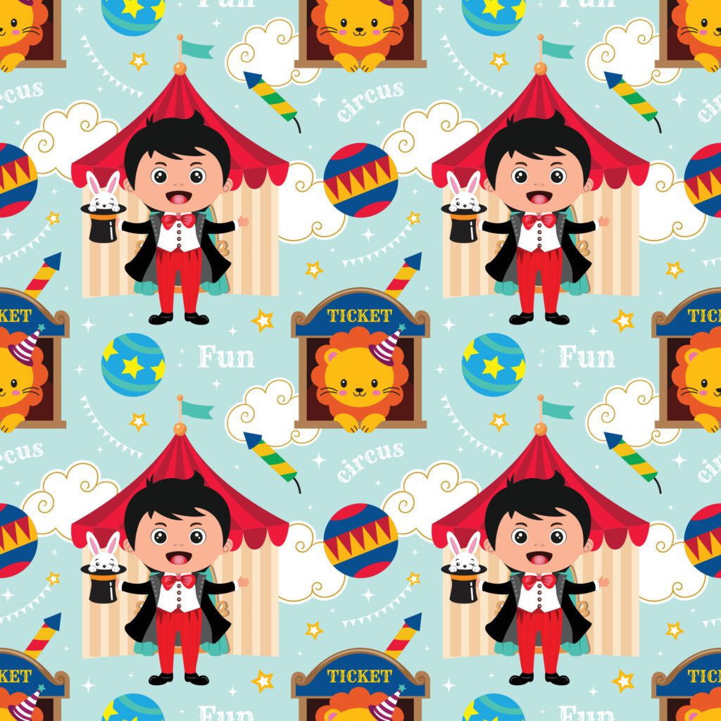 Circus seamless pattern with cute boy magician and lion in blue background. It can be used for textile, wallpaper, wrapping Free Vector