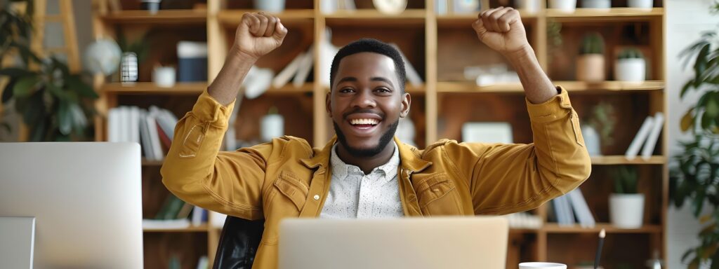 Young Executive Celebrating Business Triumph at Desk Stock Free