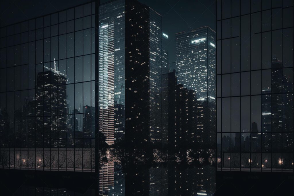 Double exposure of skyscrapers in the city at night with reflection Stock Free