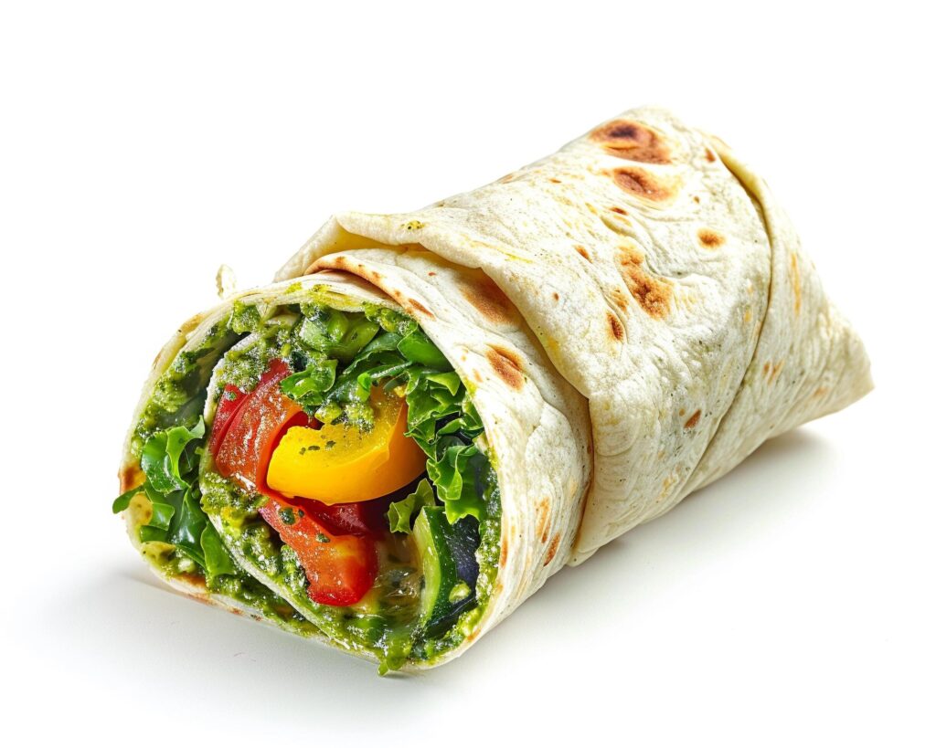 a wrap with vegetables and cheese on a white background Stock Free