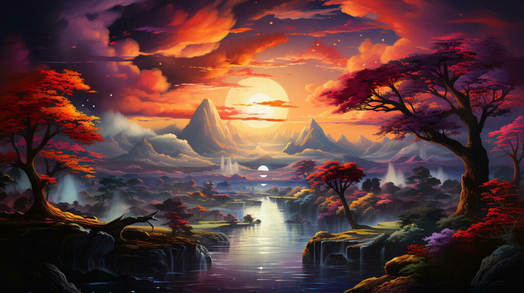 AI-Generated Abstract multi-colored fairy-tale trees against the background of a river and fields at sunset Stock Free