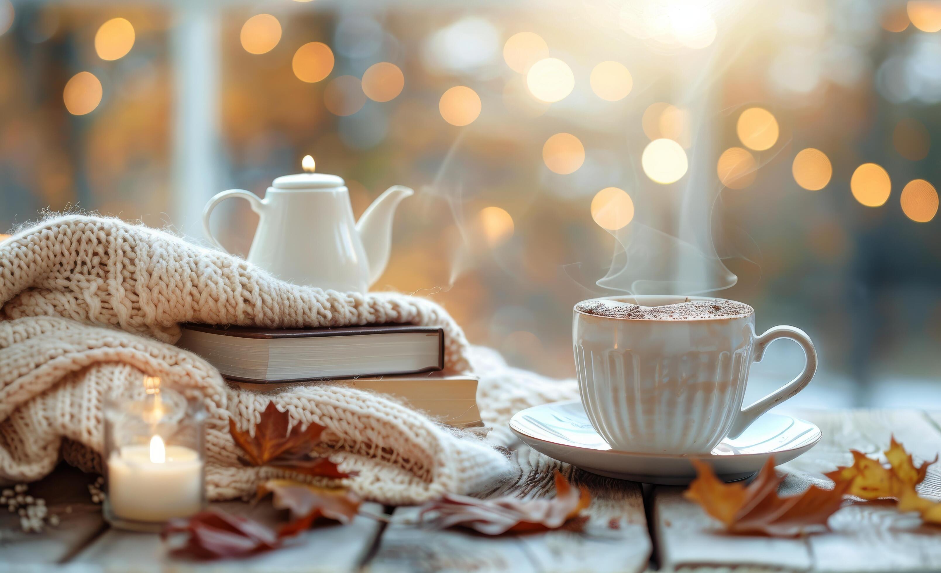 A Cozy Autumn Day With Tea, a Book, and a Pumpkin Stock Free