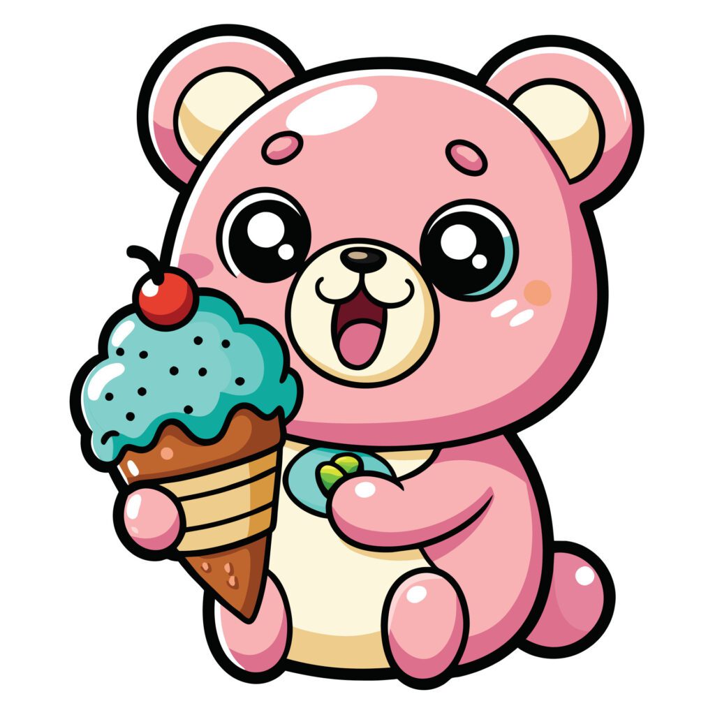 a cute kawaii bear eating ice cream, with clean black outlines, white background Free Vector