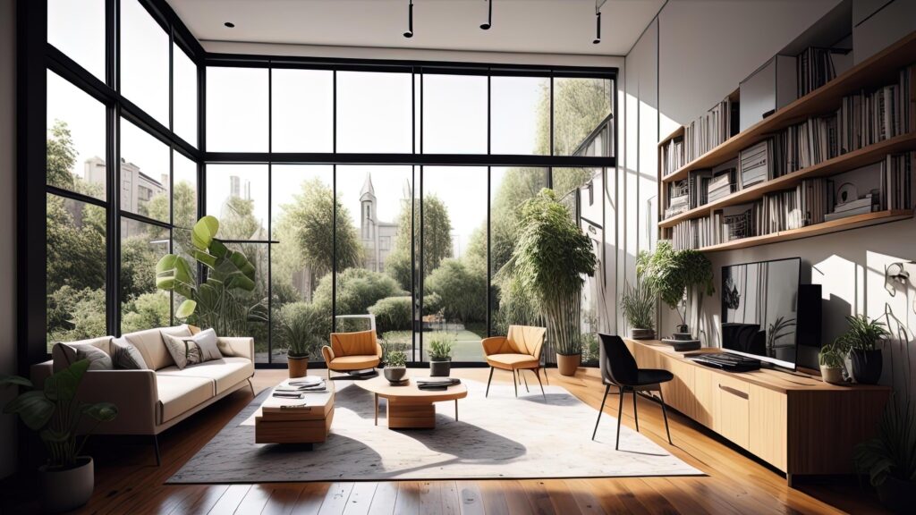 Interior of modern living room with panoramic window, furniture and city view. Stock Free