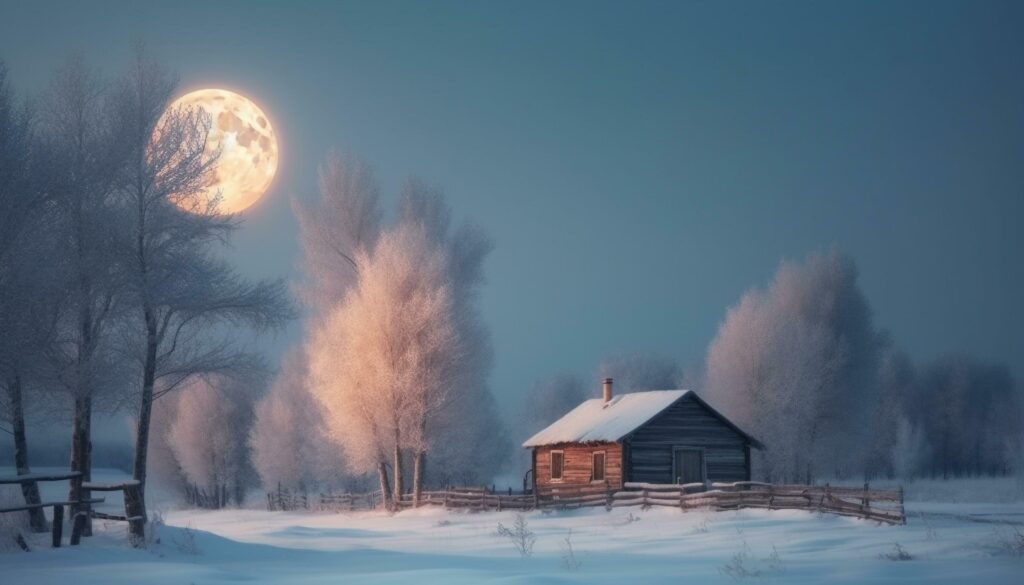 Spooky winter night moonlight on frozen forest generated by AI Stock Free