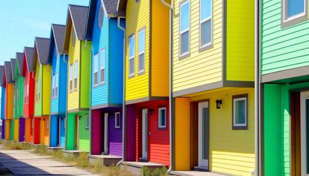 Vibrant colored beach huts in a row, fun summer vacations generated by AI Stock Free