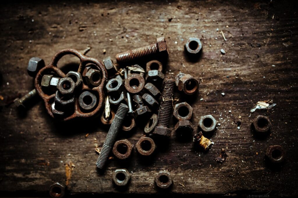 Tools, nails and bolts in a workshop Stock Free