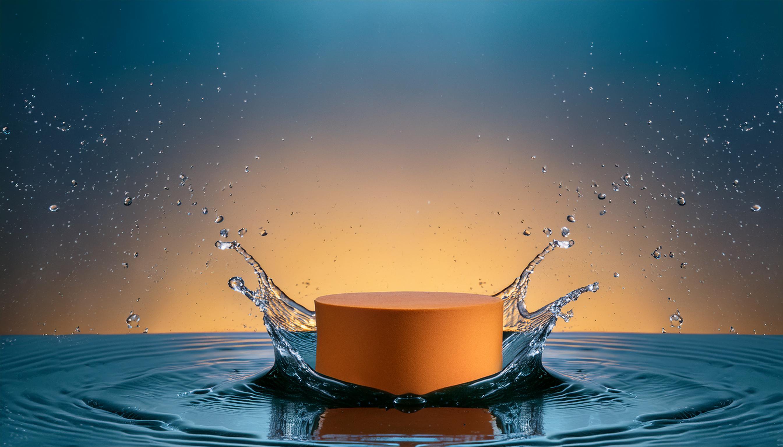 empty orange podium mockup with water splash on a gradient background for product display Stock Free