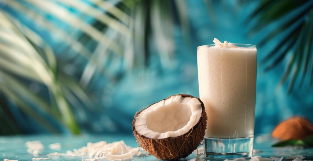 Fresh Coconut Milk Drink With Coconut Half on Blue Background Stock Free