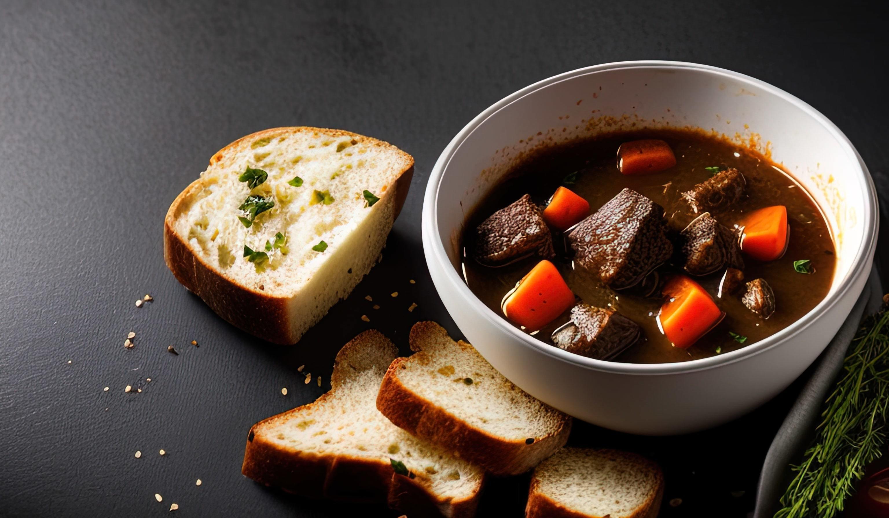 professional food photography close up of a a bowl of beef stew with bread on the side Stock Free