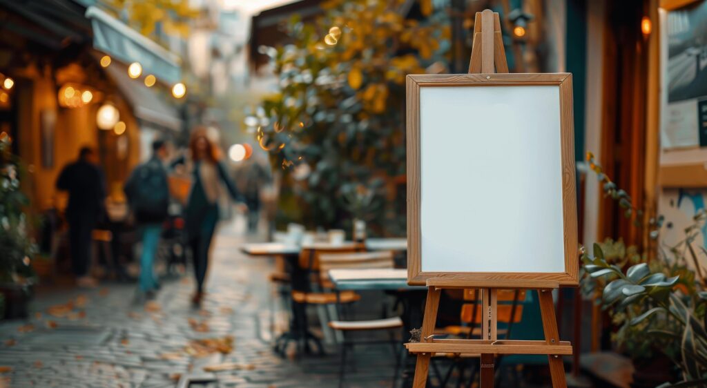 Blank Wooden Signboard Outside a Busy Restaurant in the Afternoon Stock Free