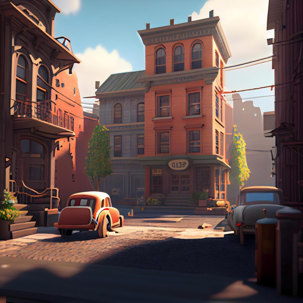 City street with old buildings and cars, 3d render illustration., Image Stock Free