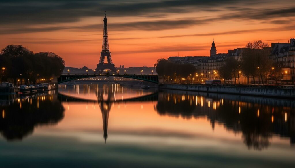 Sunset silhouette of famous bridge and skyscrapers generated by AI Stock Free