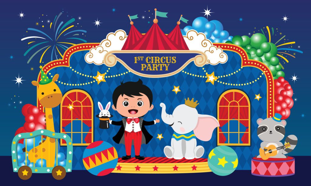 Circus theme illustration with a cute boy and animals on blue background Free Vector