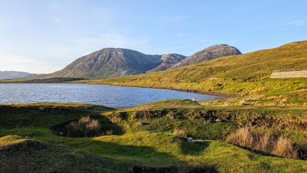 Lough Inagh, Connemara national park, county Galway, Ireland, lakeside landscape scenery with mountains in background, scenic nature wallpaper Stock Free