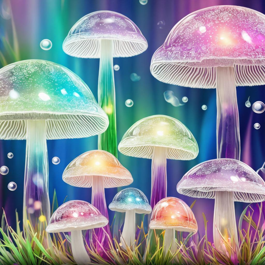 Clear glass mystical mushrooms by @ai_generated