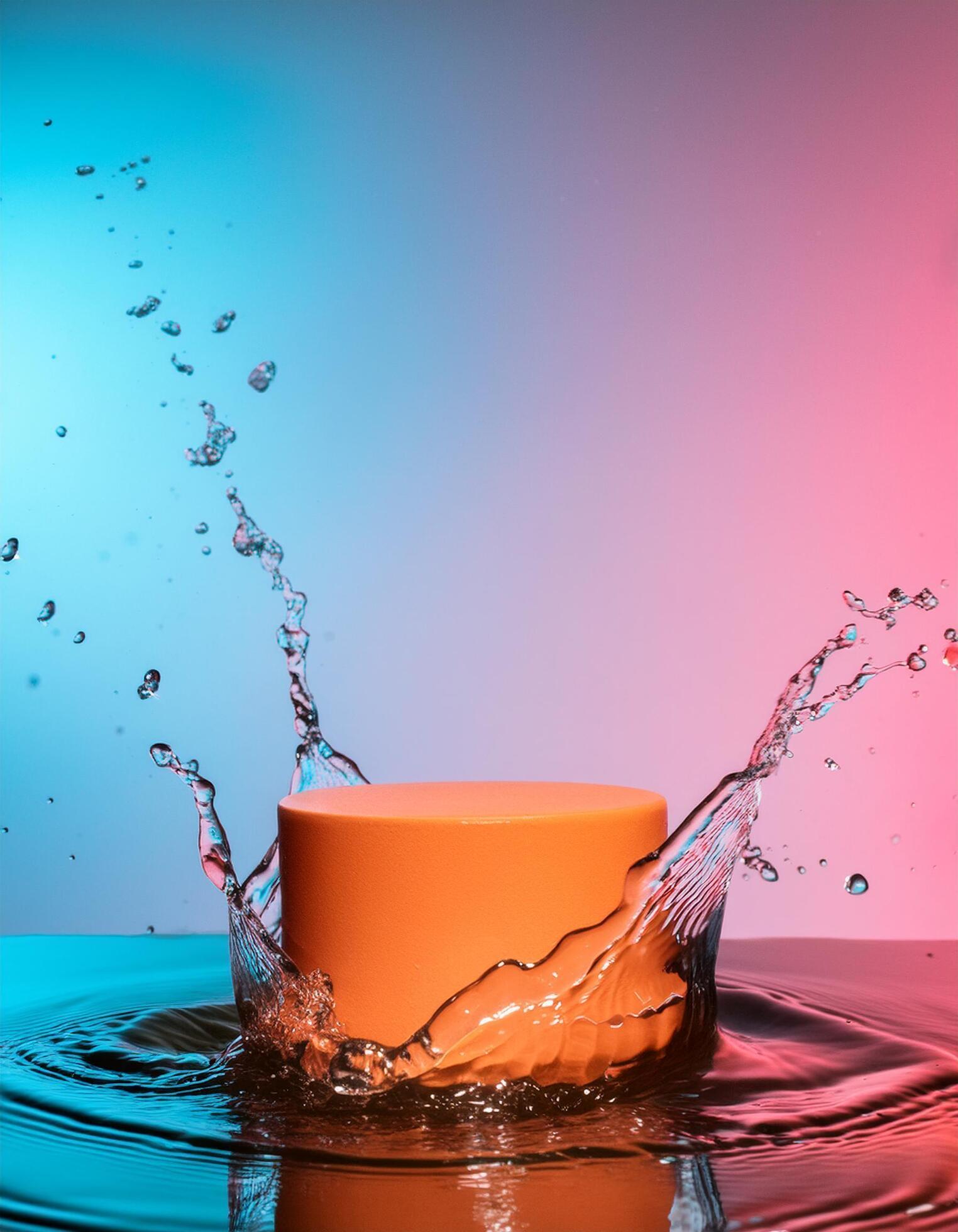 empty orange podium mockup with water splash on a gradient background for product display Stock Free