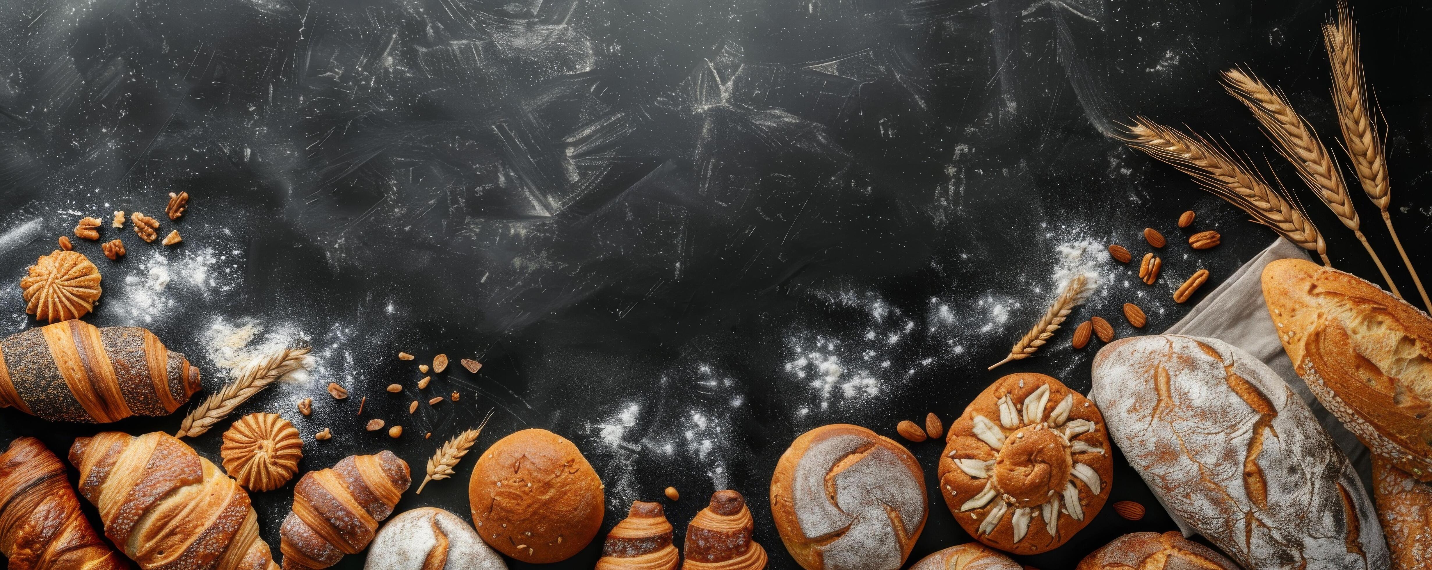 Freshly Baked Bread And Pastry Assortment On Black Background Stock Free