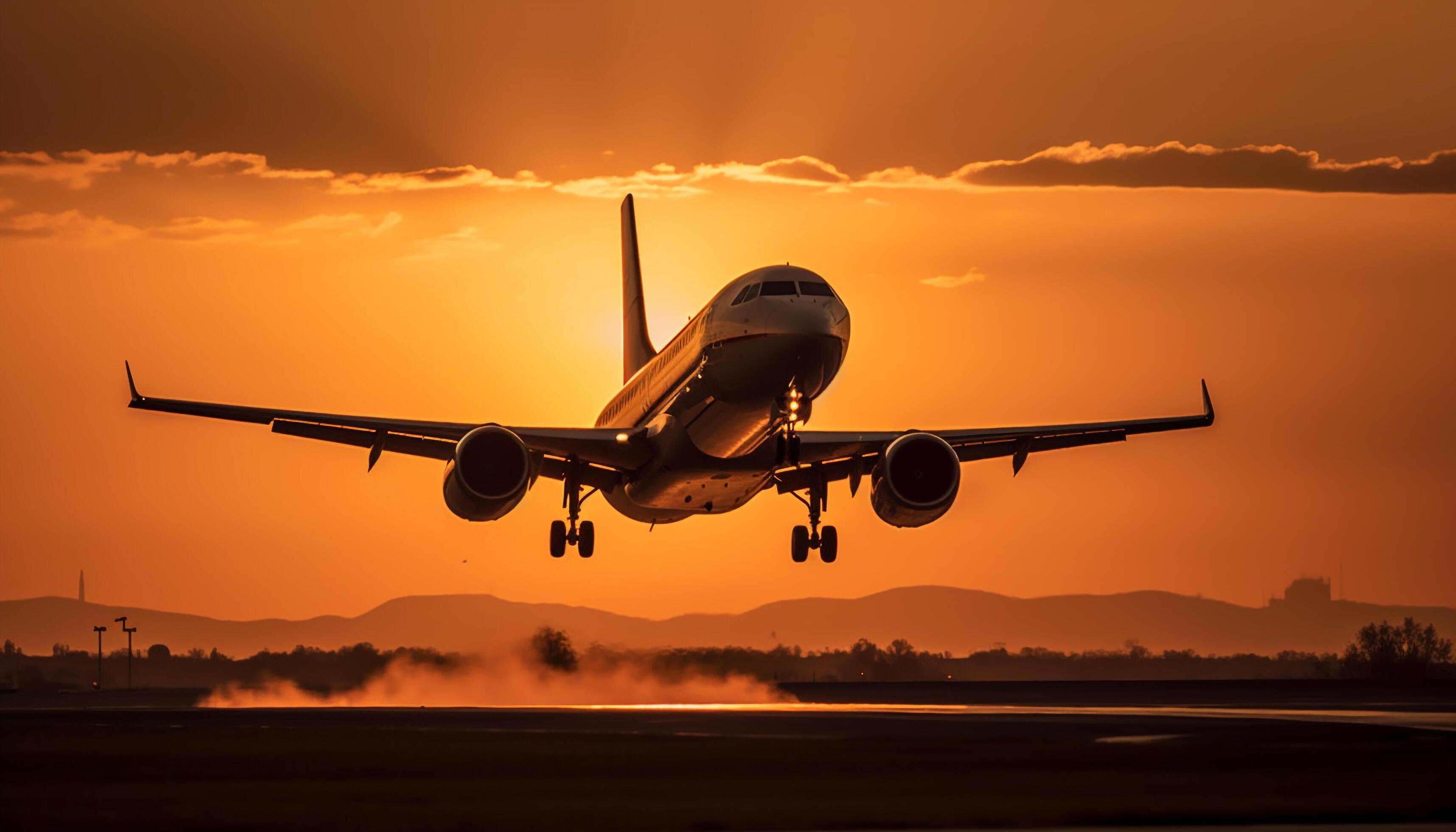 Silhouette of commercial airplane taking off at sunset, transporting passengers generated by AI Stock Free