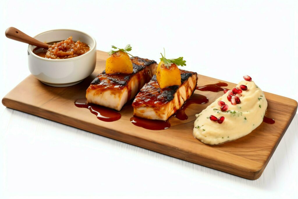 Pork belly braaivleis with mango and chili sauce served on a wooden plank. Restaurant food concept by AI Generated Stock Free