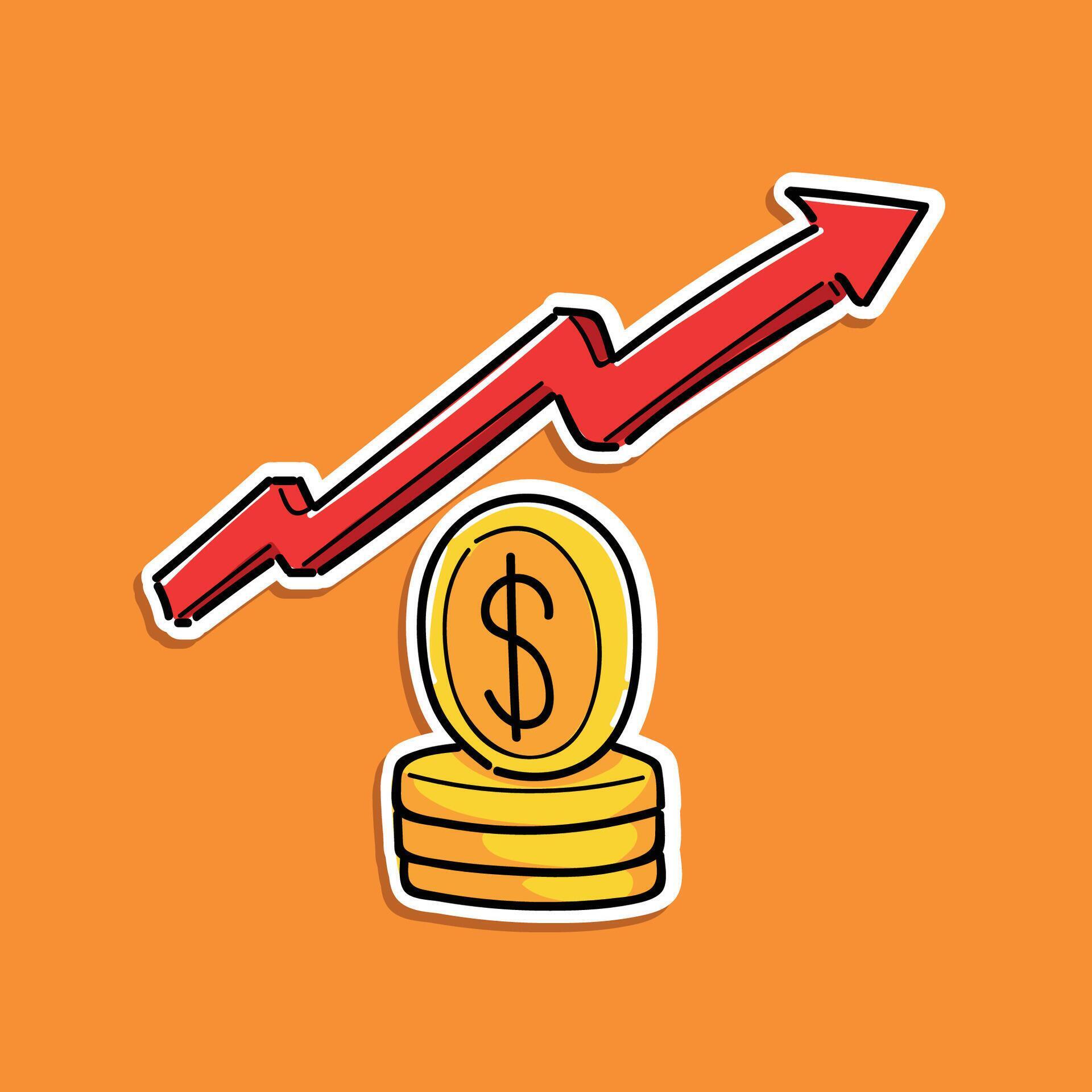 dollar increase stonks coin stacks, red arrow up, yellow coin dollar illustration design isolated in an orange background, sticker style Stock Free