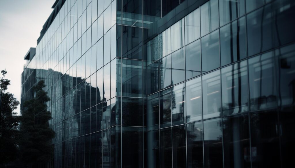 Modern skyscraper facade reflects blue cityscape in geometric pattern generated by AI Stock Free