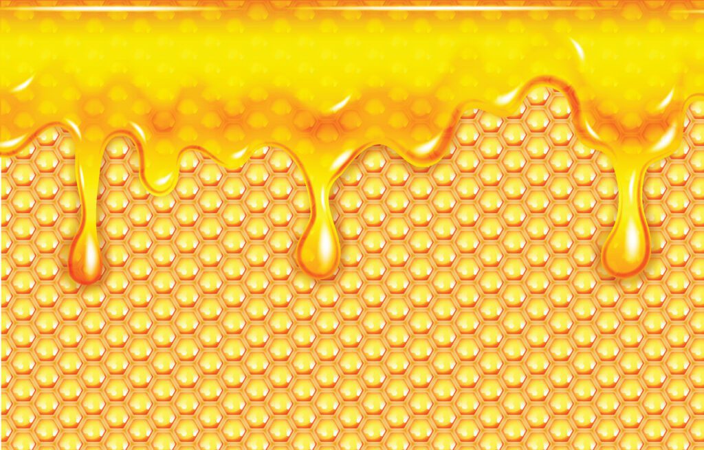 Abstract honeycomb background with dripping honey Free Vector