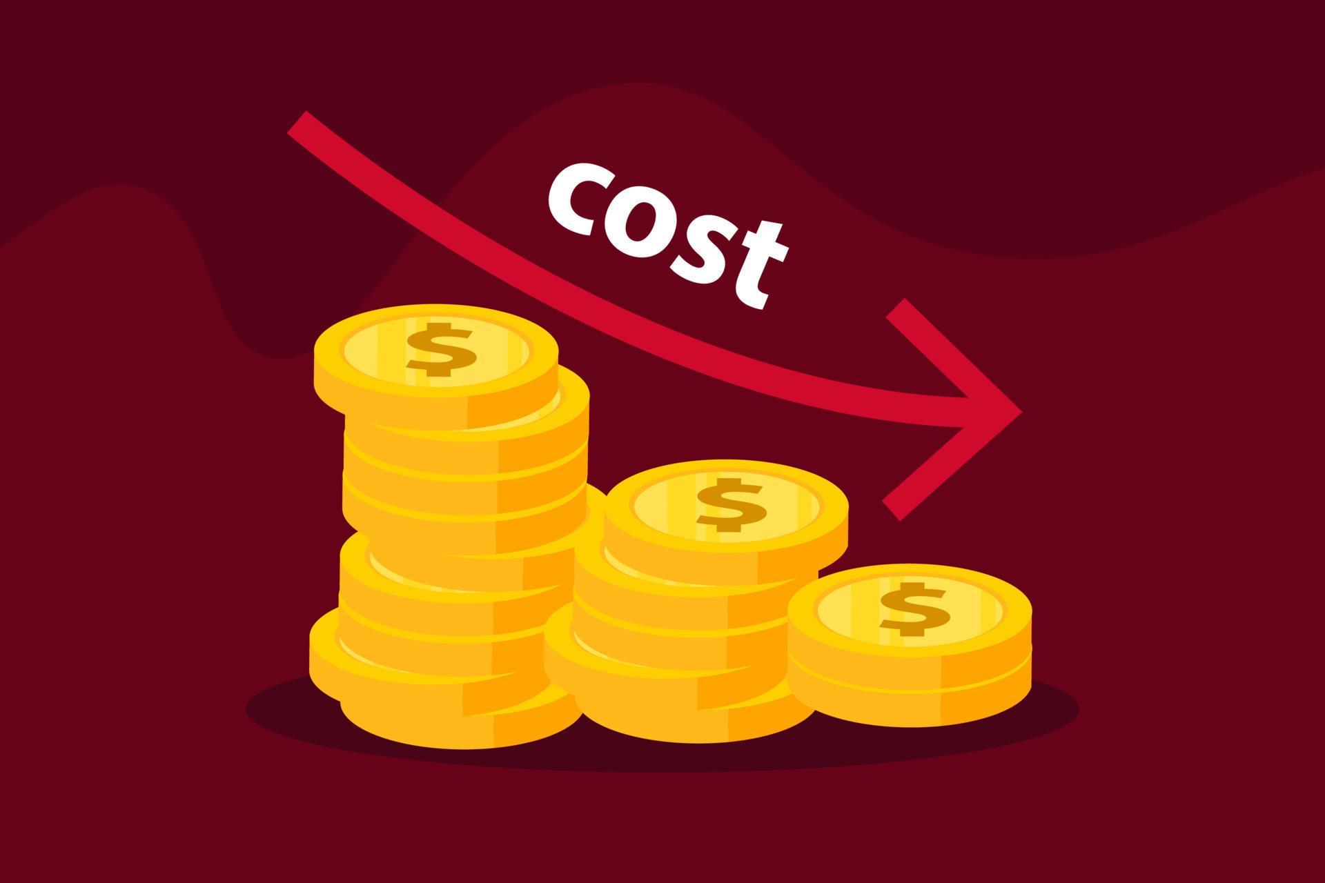 Costs reduction, costs cut, costs optimization business concept. Coin stacks with descending curve or arrow vector illustration Stock Free