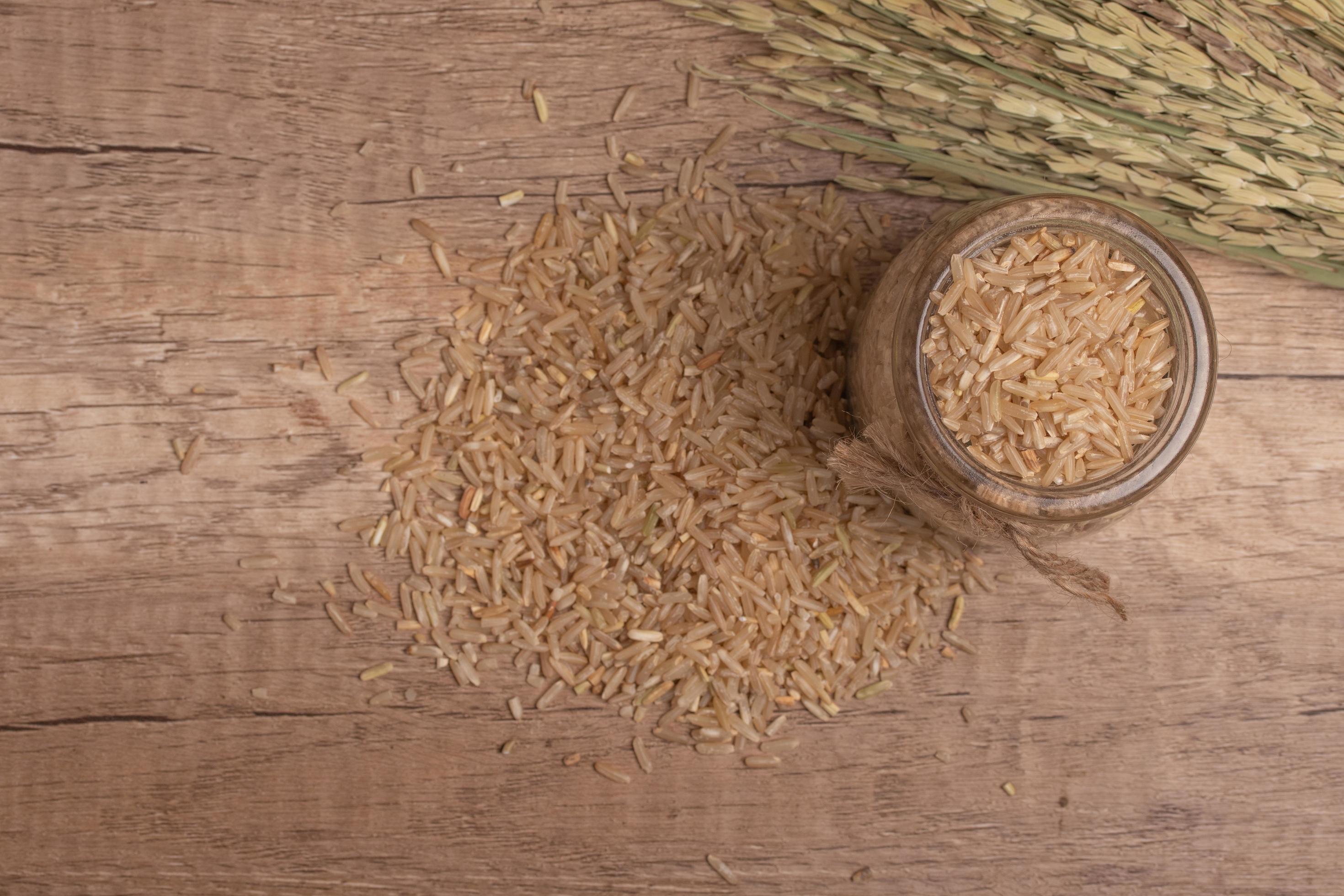 brown Jasmine rice on dark wood background with copy space, healthy food Stock Free