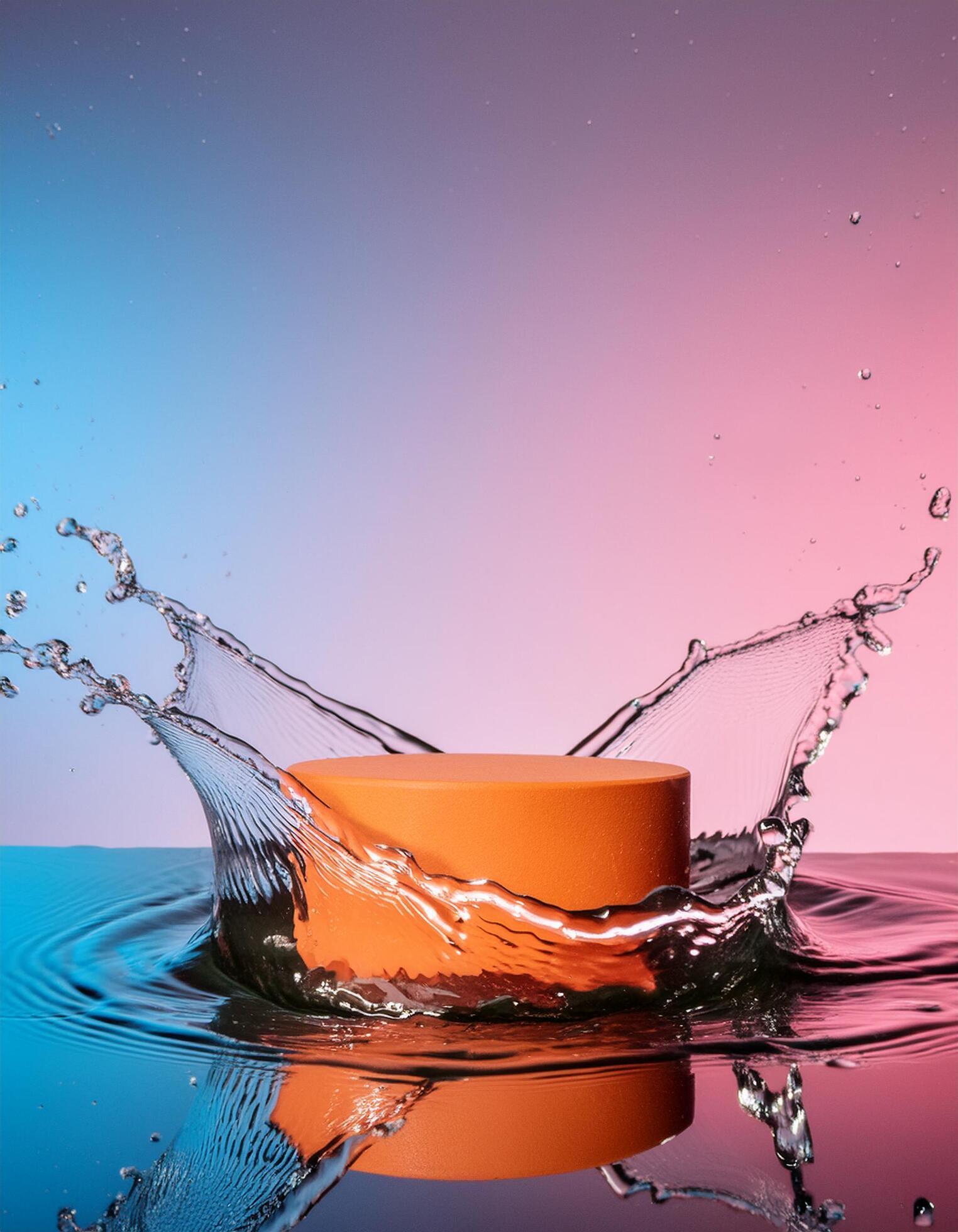 empty orange podium mockup with water splash on a gradient background for product display Stock Free