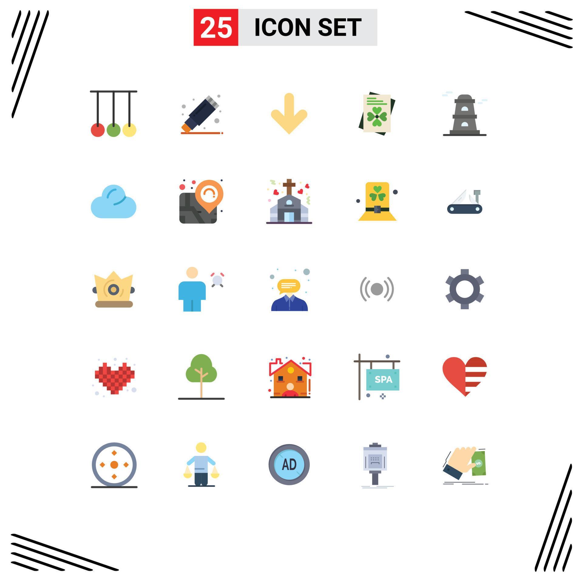 Mobile Interface Flat Color Set of 25 Pictograms of watchtower observatory arrow ireland passport Editable Vector Design Elements Stock Free