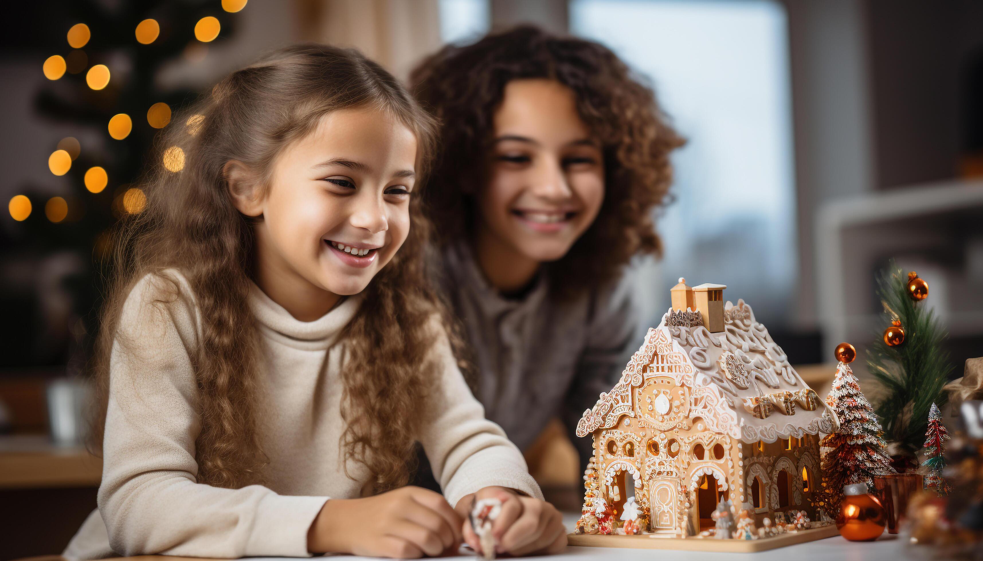 AI generated Smiling girls decorating gingerbread house, family bonding in kitchen generated by AI Stock Free