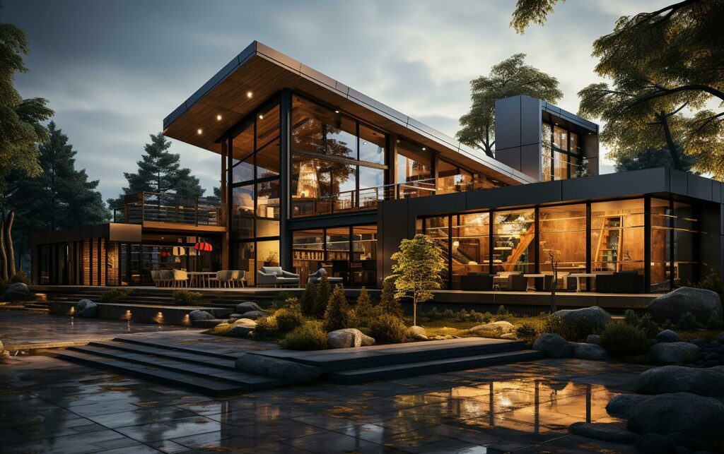 unique industrial architecture house in daylight, photo-realistic AI generative Stock Free