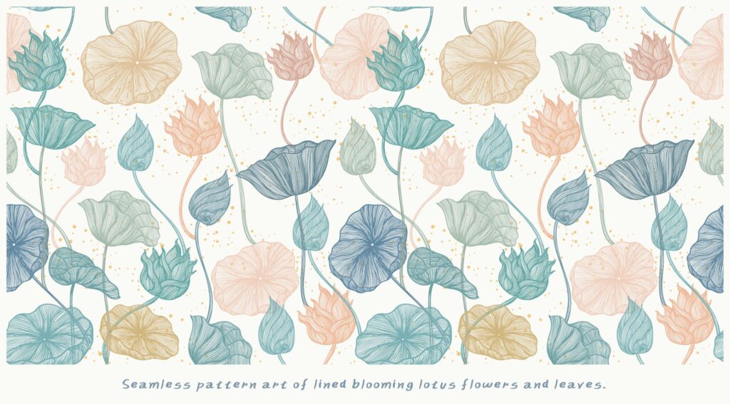 Seamless pattern art of lined blooming lotus flowers and leaves Free Vector