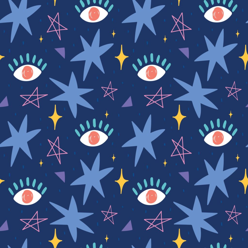 Hand drawn seamless pattern with eyes and stars Free Vector